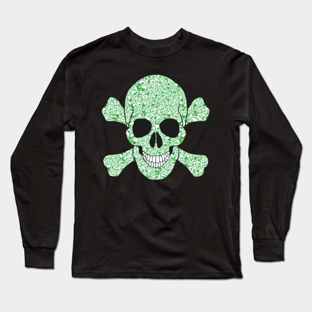 Shamrock And Swirls Pirate Skull And Crossbones Long Sleeve T-Shirt by Atteestude